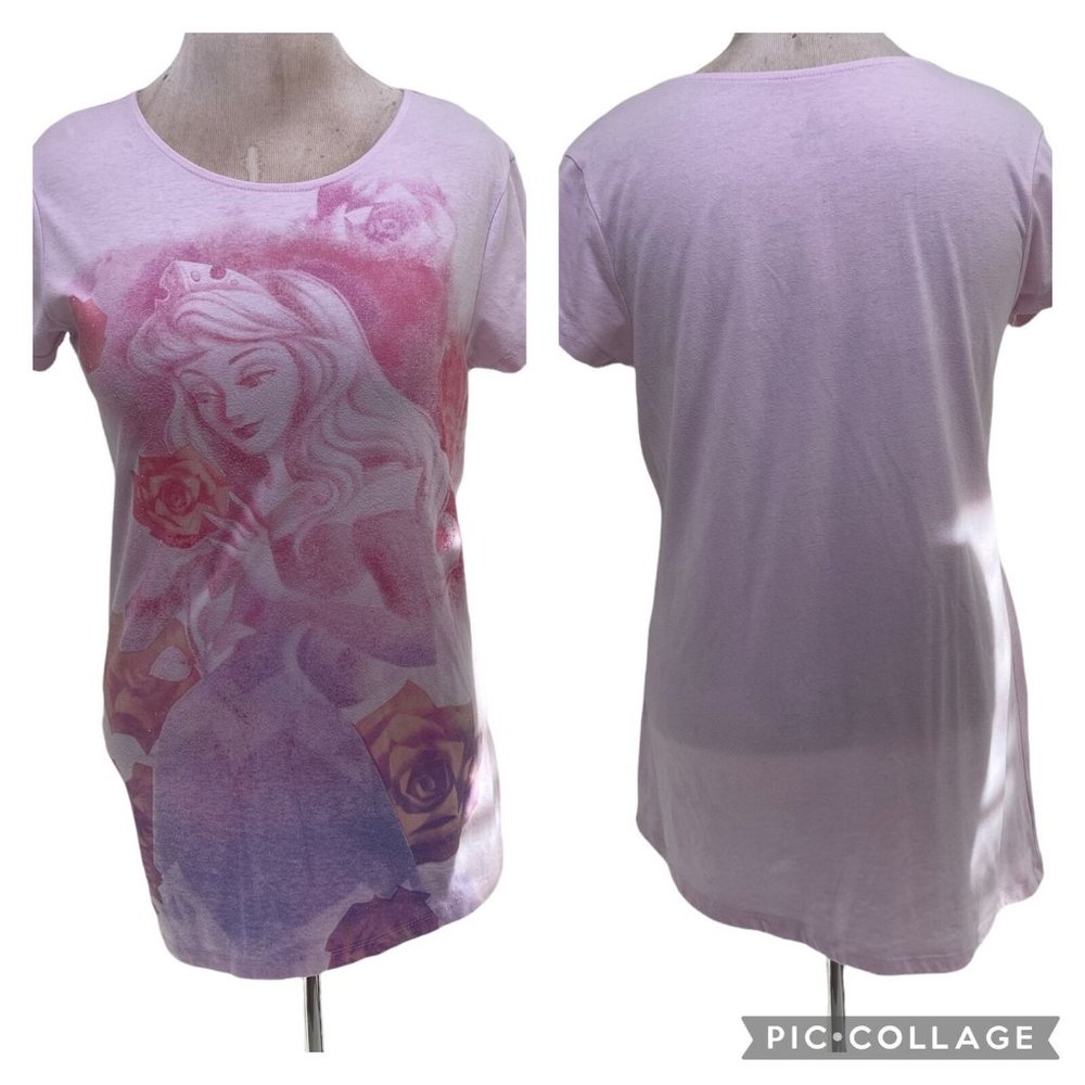 Disney Aurora Sleeping Beauty T-Shirt Womens sz L Asymmetrical Glitter Rose Top